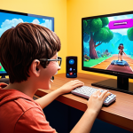 **

A vibrant, colorful illustration depicting a student enthusiastically engaging with an online lesson that resembles a video game. The student is interacting with a virtual avatar, completing quests, and earning points, with a clear sense of joy and accomplishment. The background shows elements of both traditional online learning and video game environments, merging the two concepts.

**